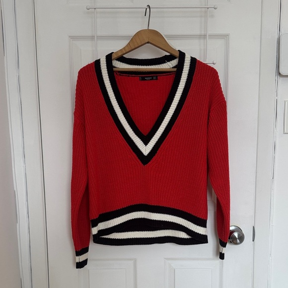 Mango Sweaters - Mango Red V-Neck Sweater with Black and White Trim
